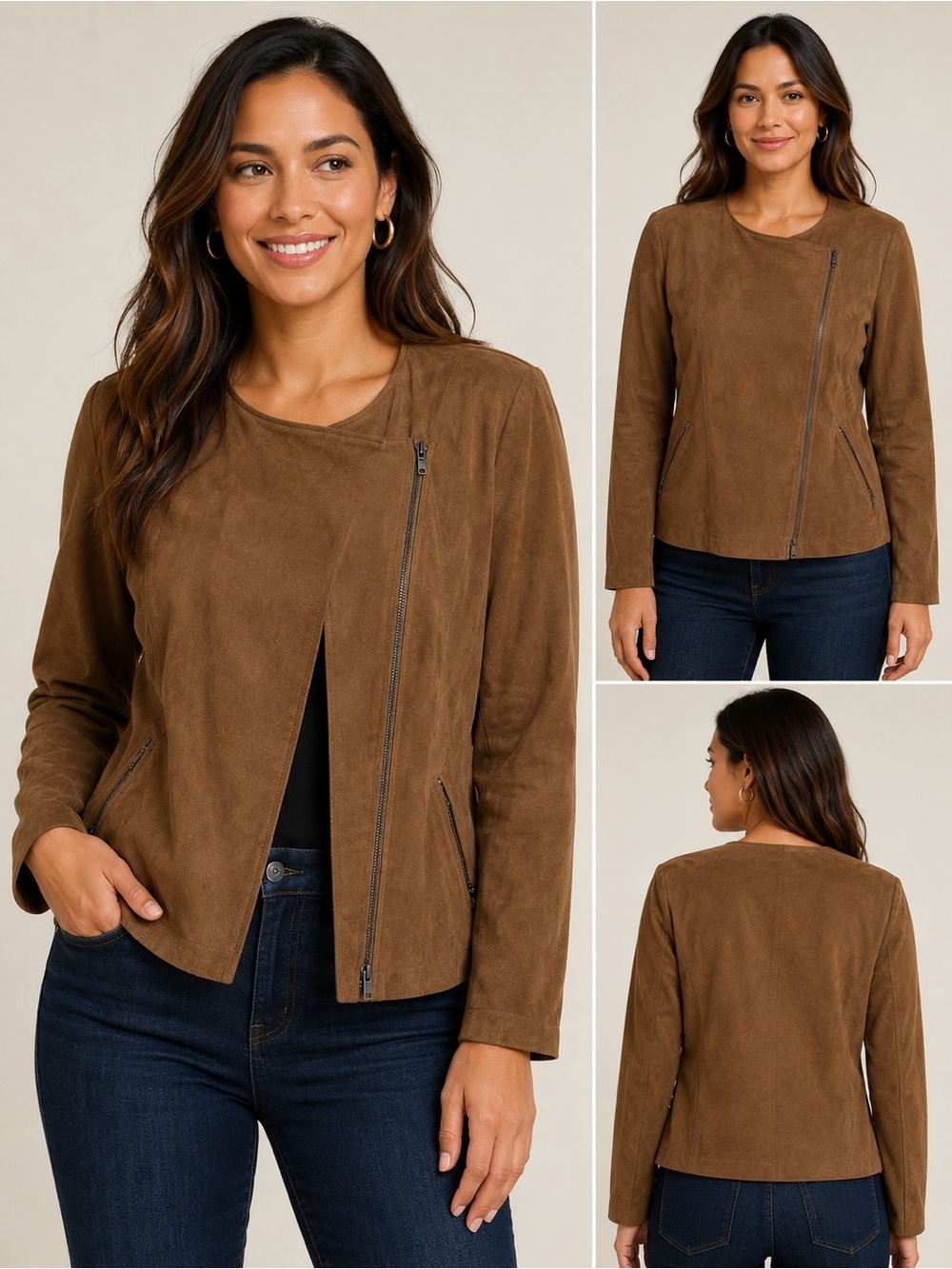 J. Jill Faux Suede Asymmetrical Zip Jacket Camel Brown Size Large